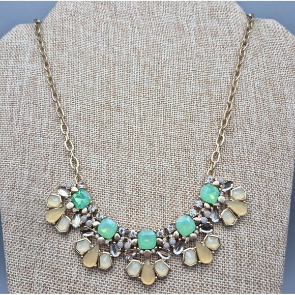 The Limited Statement Necklace Green Faux Stones Crystals & Gold Tone Chain 20" - Picture 2 of 8